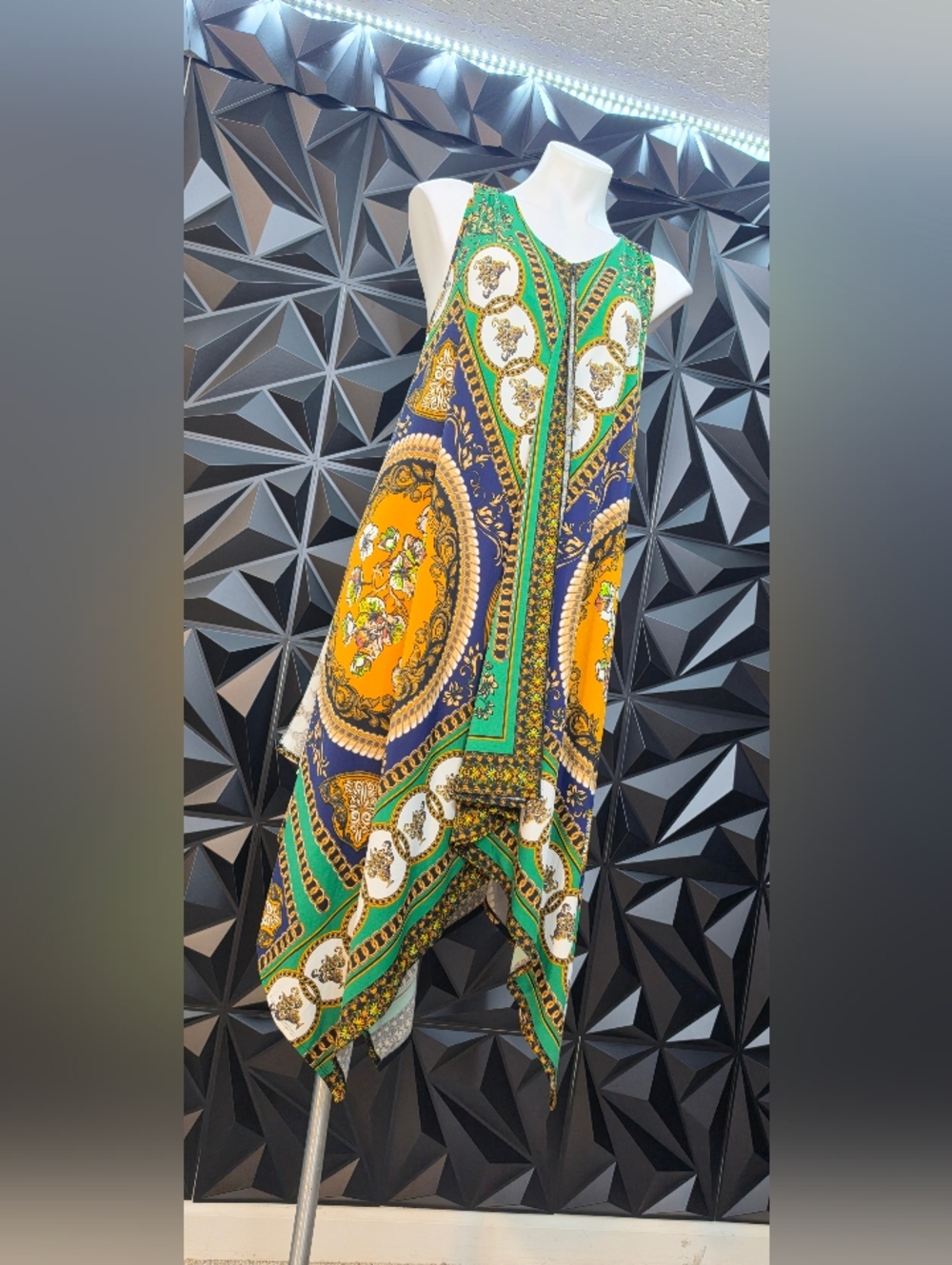 Sleeveless Handkerchief designed  Dress - Green, Blue & Gold